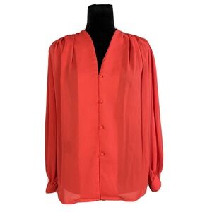 VTG Puccini Blouse Sz 8 True Red Button Loop Pleat Shoulder Long Sl Top Work USA